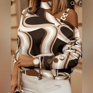 NIB Khaki, black, brown & white swirl blouse, Sz M, New in bag.